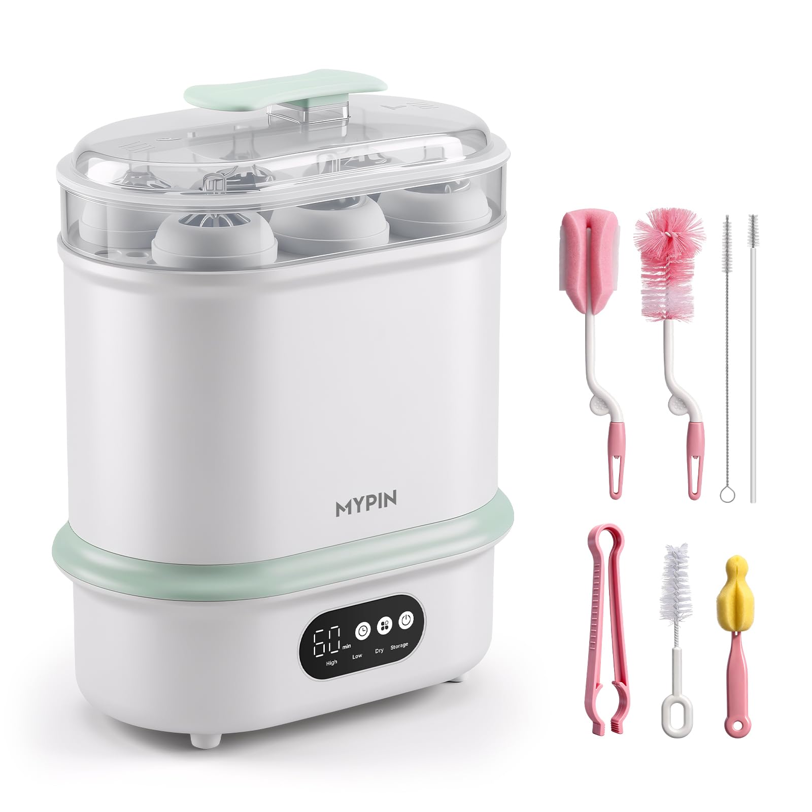 MYPIN Bottle Steriliser and Dryer, 4 in 1 Compact Baby Bottle Steriliser, 6 Capacity, 72H Storage, 6 Pcs Brush Kit for Newborn Essentials