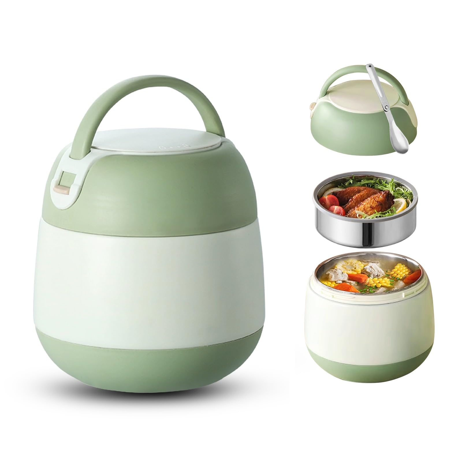 Nikou Boîte Repas Isotherme 1200ml, Thermos Alimentaire Chaud avec Cuillère, Lunch Box Isotherme en Acier Inoxydable Boîte à Déjeuner Pour Ecole Bureau Camping (Vert)