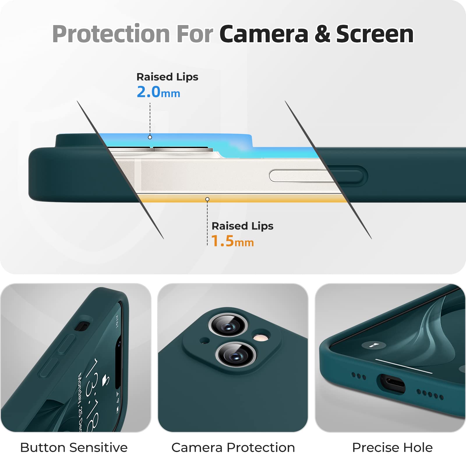 GOODVISH 3 in 1 Cover in Silicone per iPhone 14 6,1'' (2022), con 2 Pezzi di Pellicola Protettiva, Custodia per Cellulare Ultra Sottile Antiurto Resistente Protezione Fotocamera, Verde Scuro