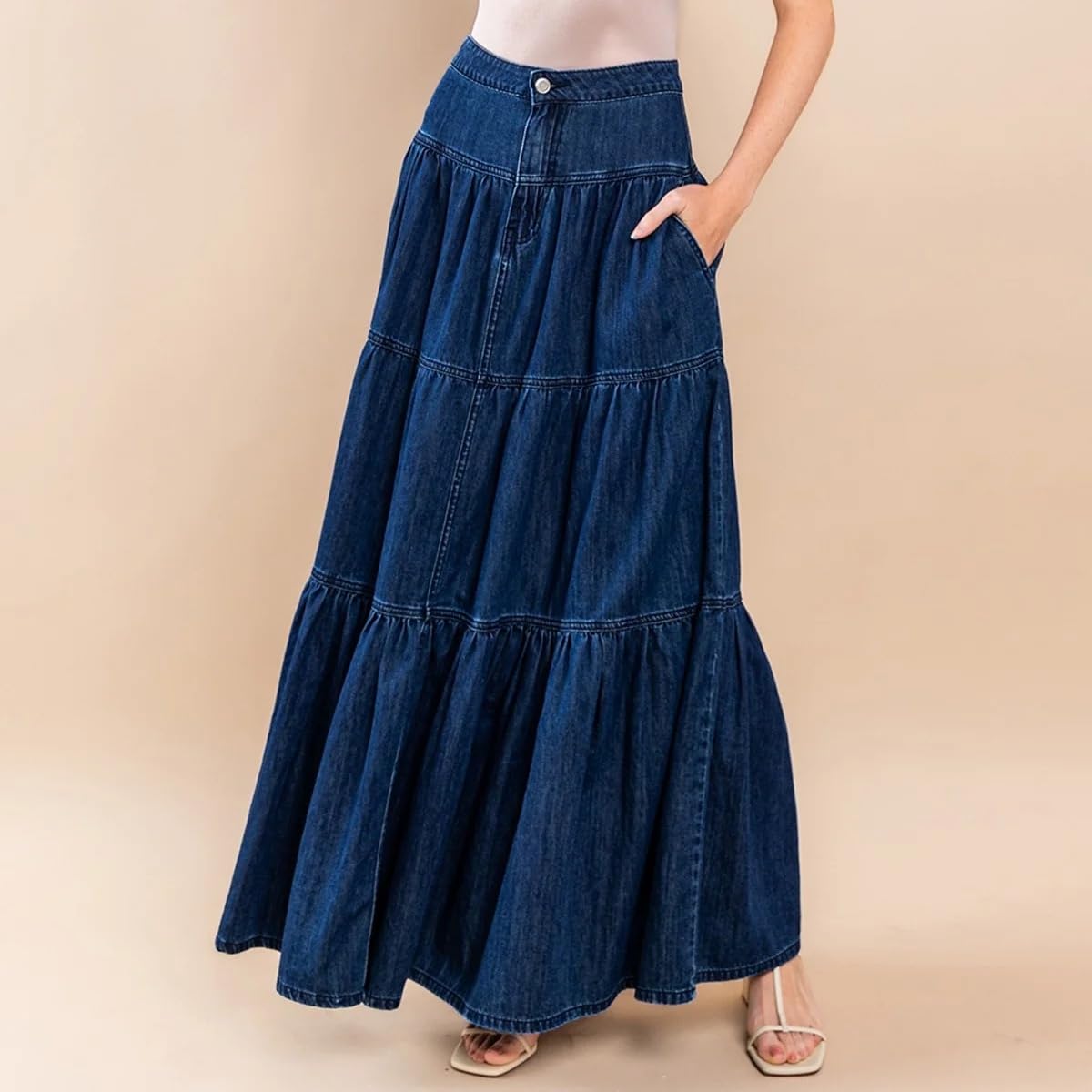 Falda Larga Vaquera De Talle Alto para Mujer con Botones Estilo Bohemio Fluida Plisada con Volantes Y Corte En A con Bolsillos Ideal para Viajes Y Salidas Informales.