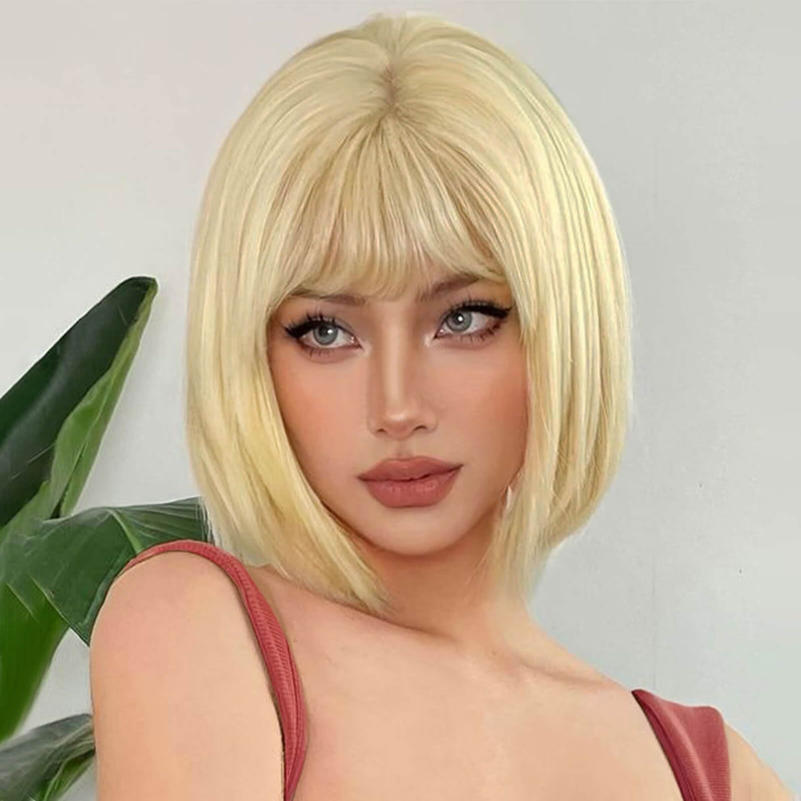 QUEENTASShort Blonde Wigs for Women Straight Bob Wigs Full head with Bangs Synthetic Hair Wig for Cosplay