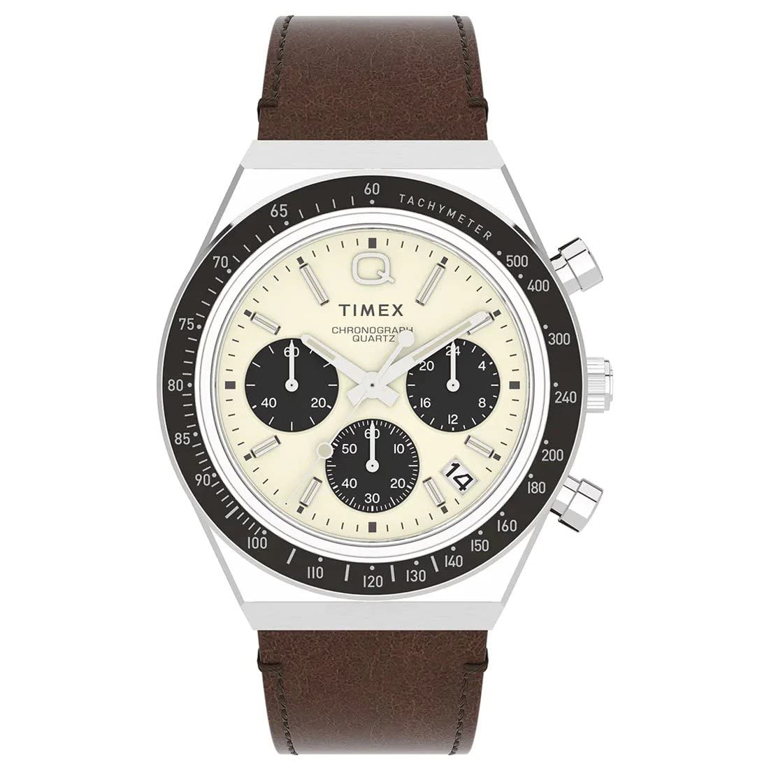 Timex Orologio da uomo Q Uomo in pelle Cassa in acciaio argentato Movimento al quarzo Quadrante marrone Cinturino in vera pelle marrone con fibbia Chiusura normale 5 ATM