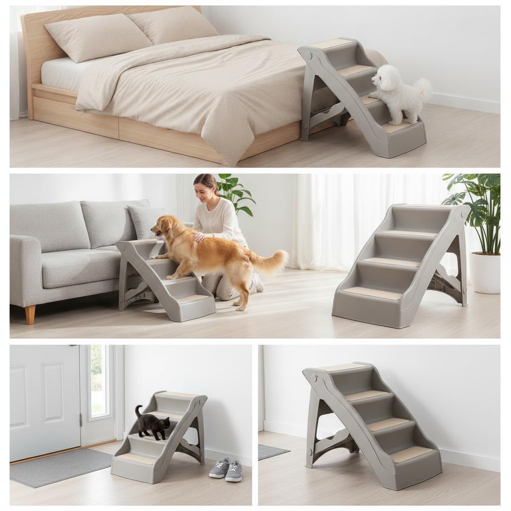 per Animali Domestici con Gradini Rivestimento in Tessuto Antiscivolo con Imbottitura Telaio Leggero Richiudibile in Polipropilene Adatta per Cani, Grigio, Rinforzato e ispessito