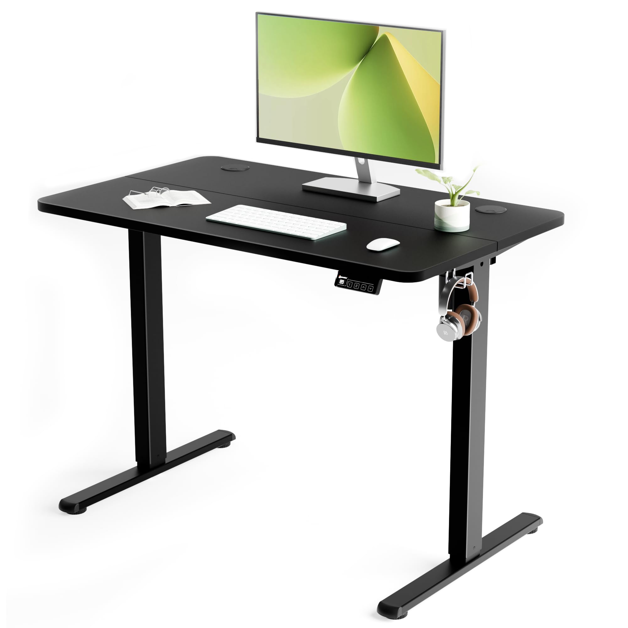 ERGOMAKER Small Standing Desk 100x60cm, Height Adjustable Desk, Sit Stand Desk with Memory Handset and Hooks, for Home Office Study(Black Frame + Black Desktop)