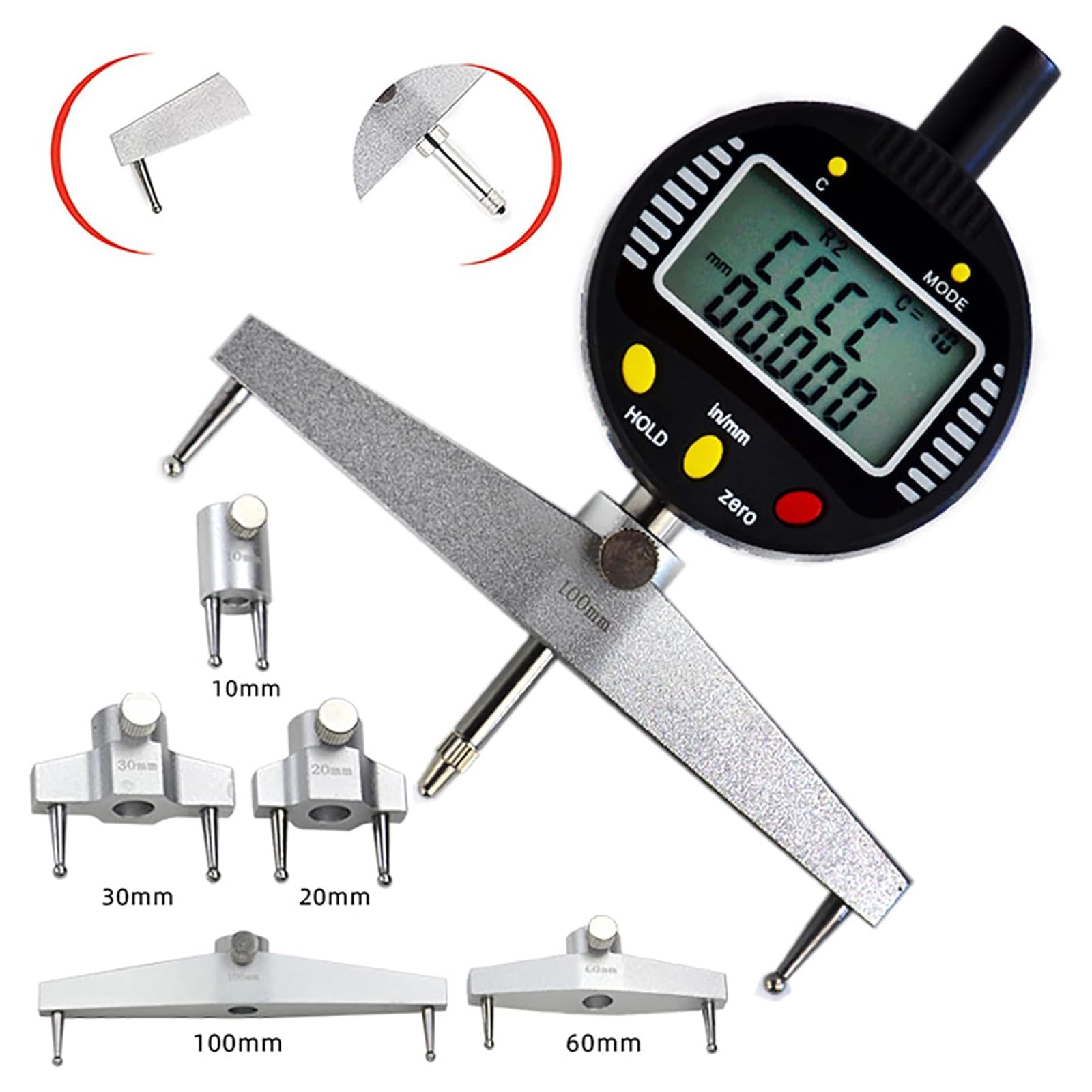 Digitales Radius-Messgerät, hohe Genauigkeit, elektronisches Radius-Messwerkzeug mit 5 austauschbaren Backen, Radiusbereich 5–700 mm für präzisionsmechanische Teile