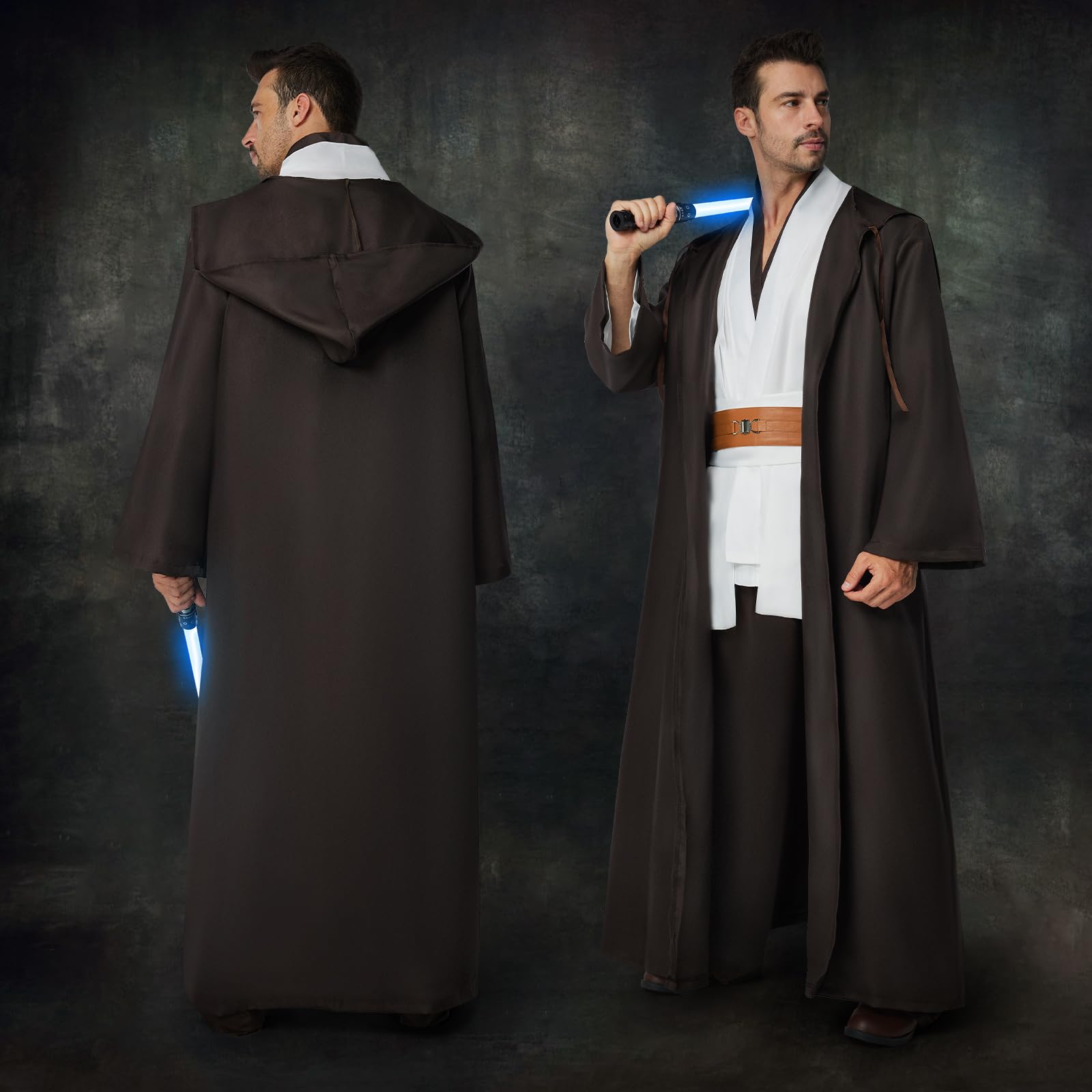 IEEILULU Kostium Jedi dla mężczyzn, średniowieczna sukienka Jedi dla mężczyzn, kostium Jedi z kapturem z niebieskim mieczem laserowym, średniowieczna peleryna i tunika, na Halloween, karnawał