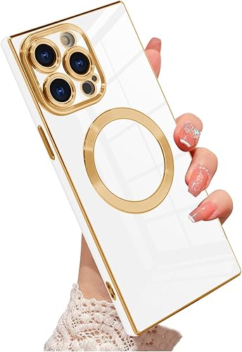 OOK Funda magnética para iPhone 15 Pro Max cuadrada compatible con Magsafe, protección completa de la cámara, borde chapado en oro, TPU suave,