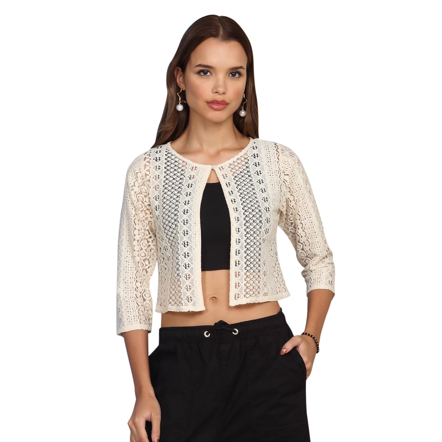 Women's Self Designed 3/4th Sleeve Button Closure Cotton Lace Shrug-picture-25