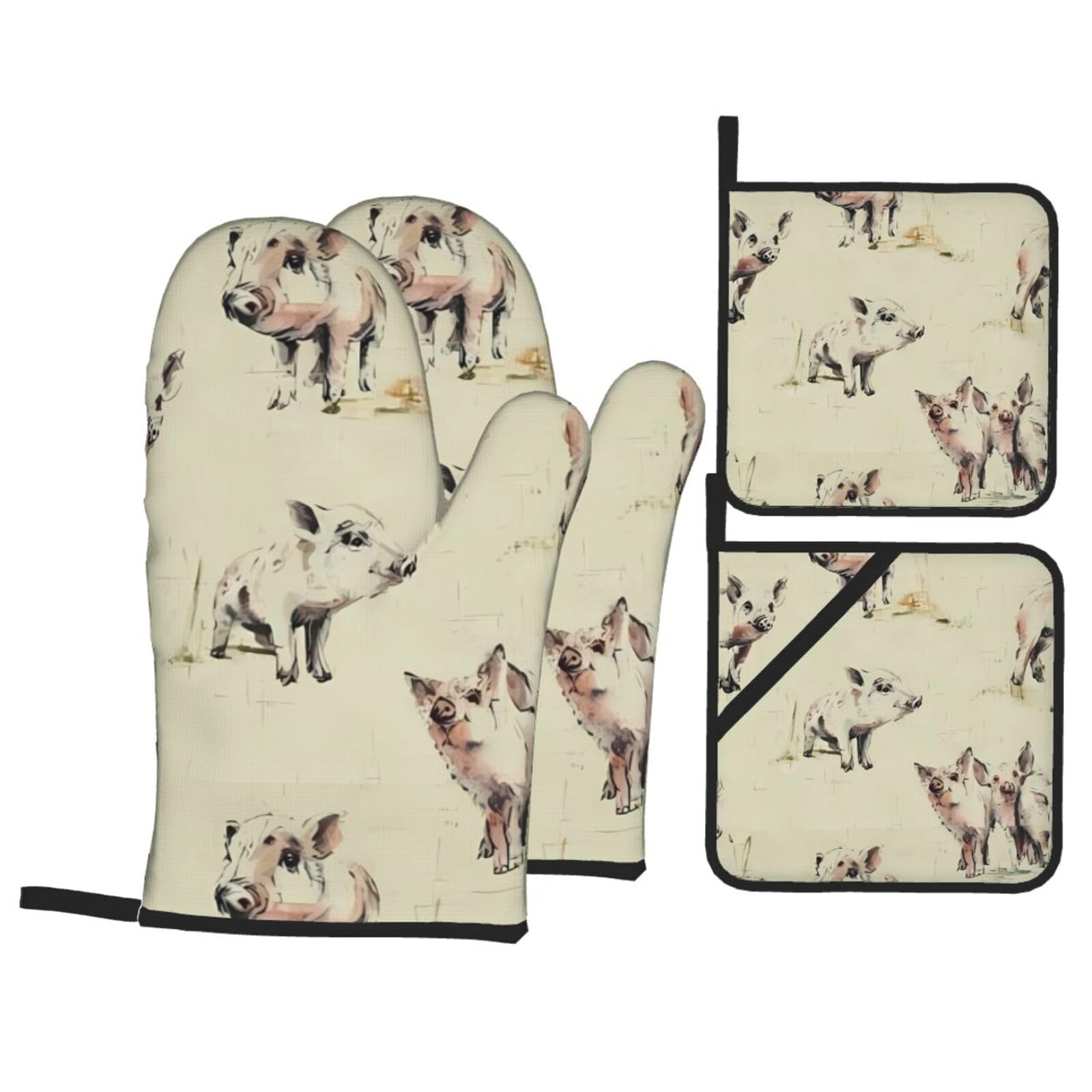HJFCZH Pig Background Prints Kitchen Throw Set: Durable Oven Layers with Waterproof Polyester – 4 Piece Heat Protection System