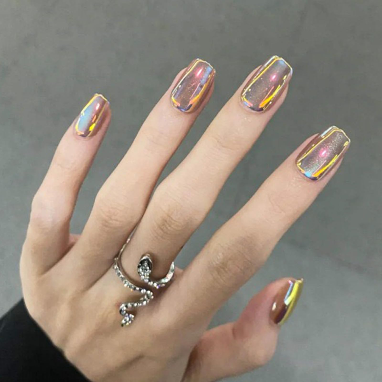 Square Press on Nails Short Gold Chrome Fake Nails Shiny Mirror Acrylic Nails Aurora Glue on Nails Glossy Bling Artificial False Nails Stick on Nails