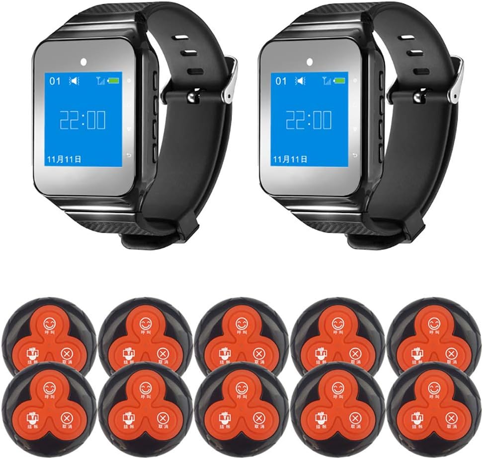 Customers Patient Pager System, Wireless Calling System, 2 Watch Receivers + 10 Pagers, Support 999 Call Bells, Equipped with Waterproof Base, Used for Bathing, Hotel, Restaurant, Bar Service Desk