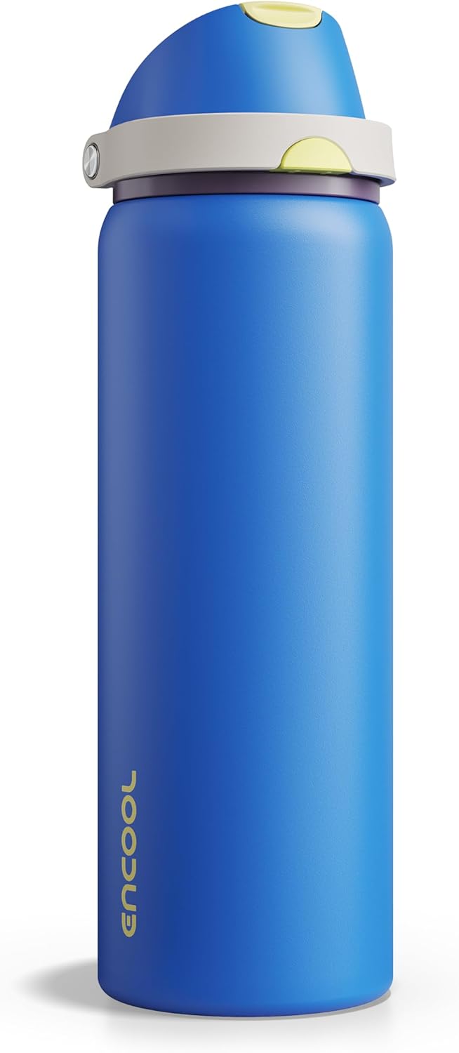 Insulated Water Bottle with Straw - Encool Stainless Steel Water Bottle with Push Button Lid, Leak-Proof & BPA-Free, Keeps Cold for 24 Hours for Sports, Travel, Gym (32 oz, Sapphire)