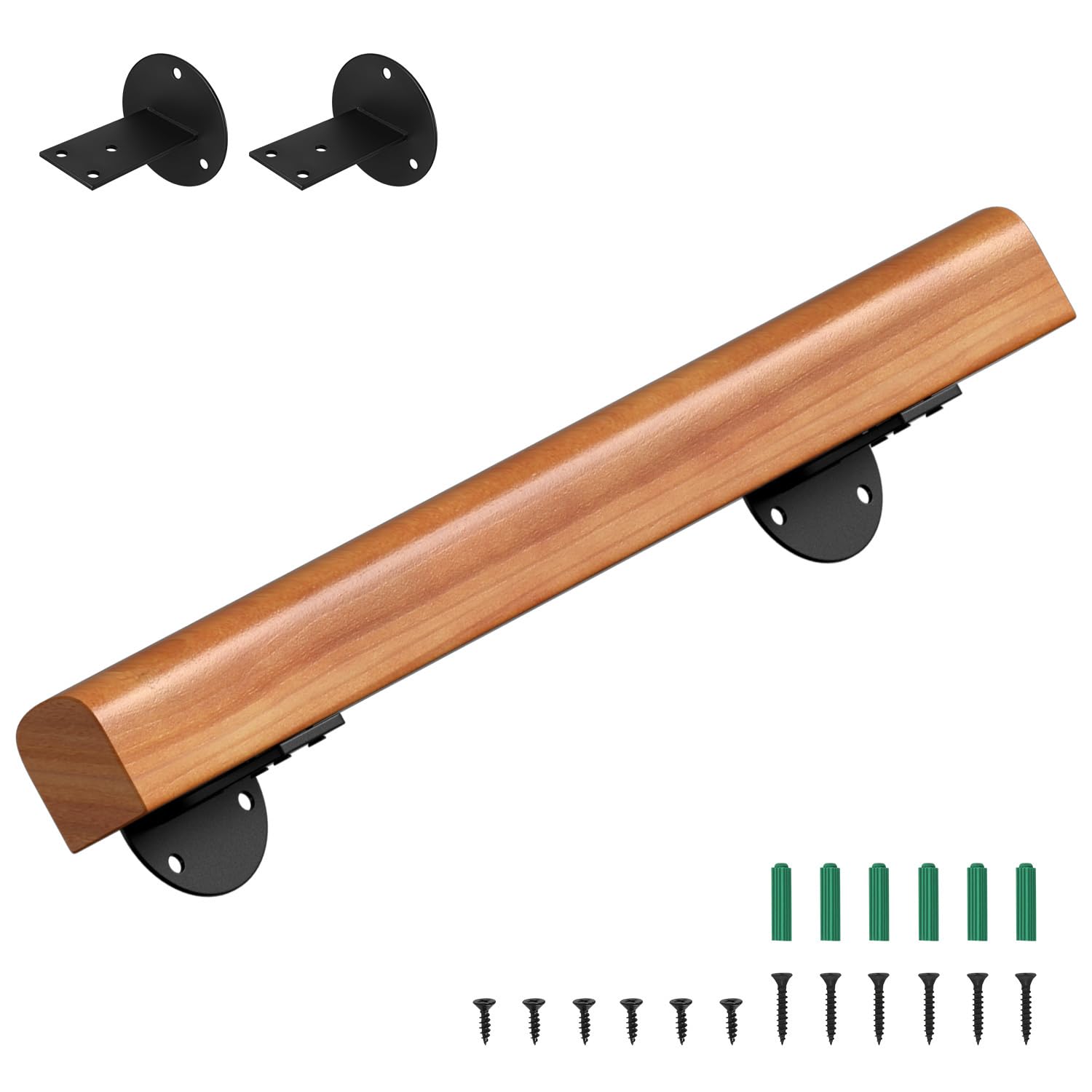Corrimano in legno di pino, 60cm Ringhiera per scale montata a parete, Corrimano in legno semicircolare Wood antiscivolo con staffe a parete, materiale di montaggio, Noce chiaro