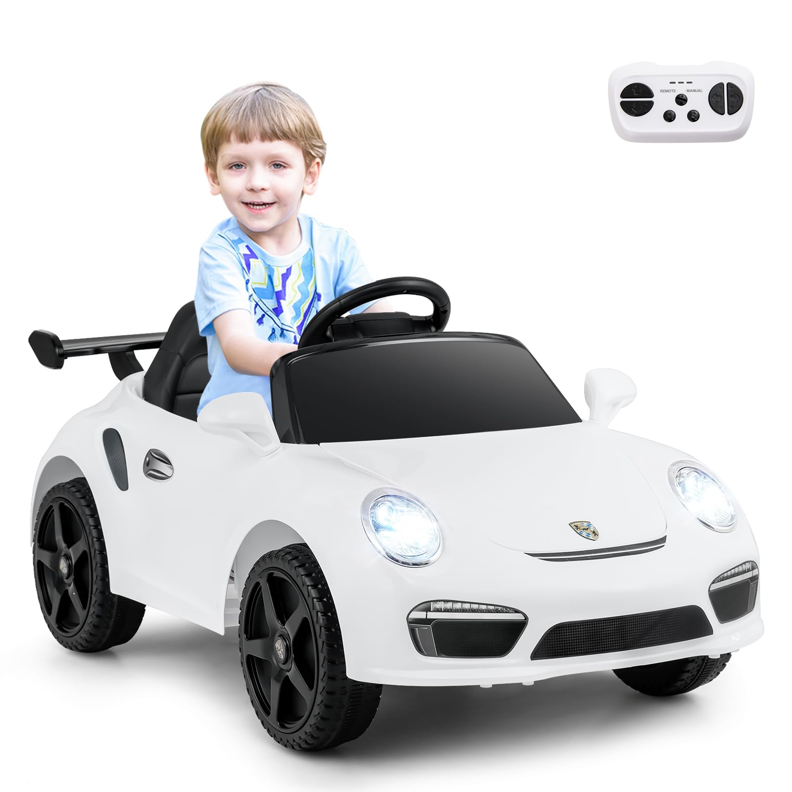 COSTWAY Kinder Elektroauto Porsche, 12V Kinderauto elektisch mit Fernbedienung, mit Musik, LED-Lichtern, Hupe & 2 Geschwindigkeiten, Elektrofahrzeug für Jungen und Mädchen ab 3 Jahren (Weiß)