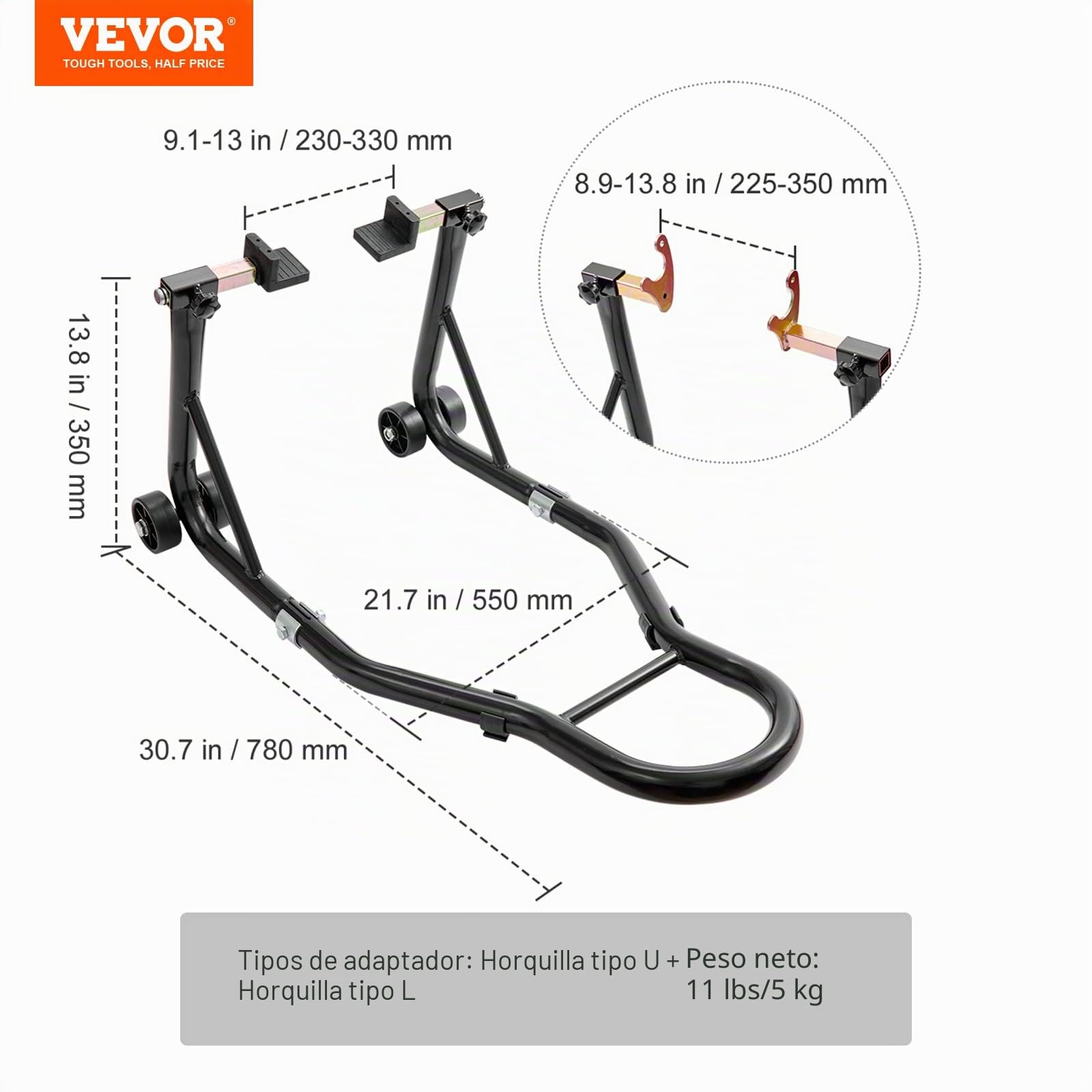 VEVOR Soporte de Moto para Carga de Rueda Trasera 0,39T Soporte de Taller con Brazo Ajustable Soporte de Rueda de Acero Elevador de Moto Compatible con Diámetro de Rueda 350mm Reparación Mantenimiento