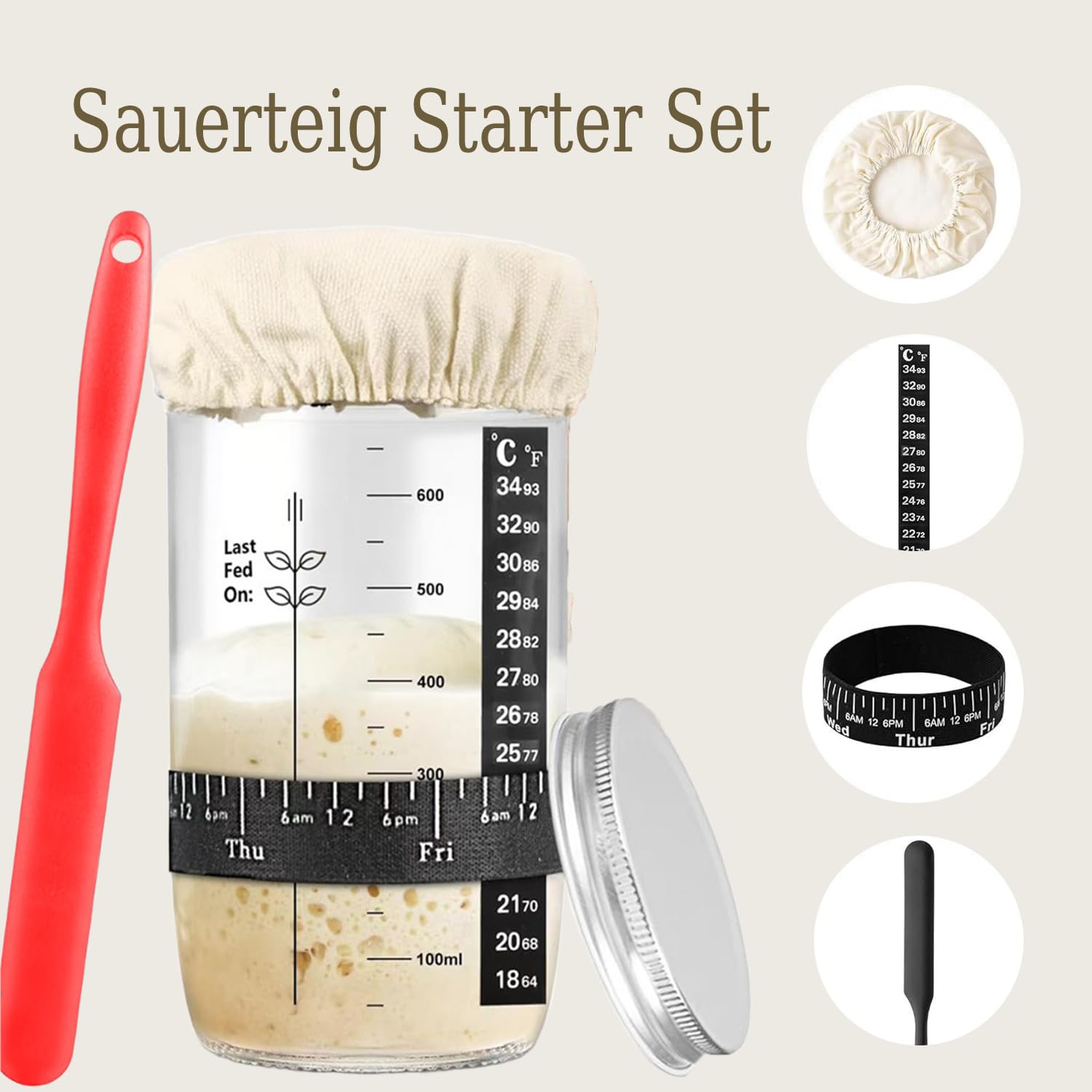 Kit de iniciación de masa madre, tarro de fermentación 730 ml, vidrio, espátula, termómetro, funda de tela, tapa metálica