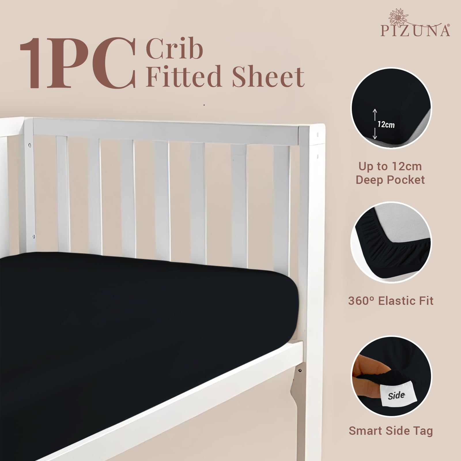 Pizuna 100% Cotton Fitted Crib Sheet Black, 400 Thread Count Long Staple Cotton Fitted Crib Sheet 40x90 cm - Image 3