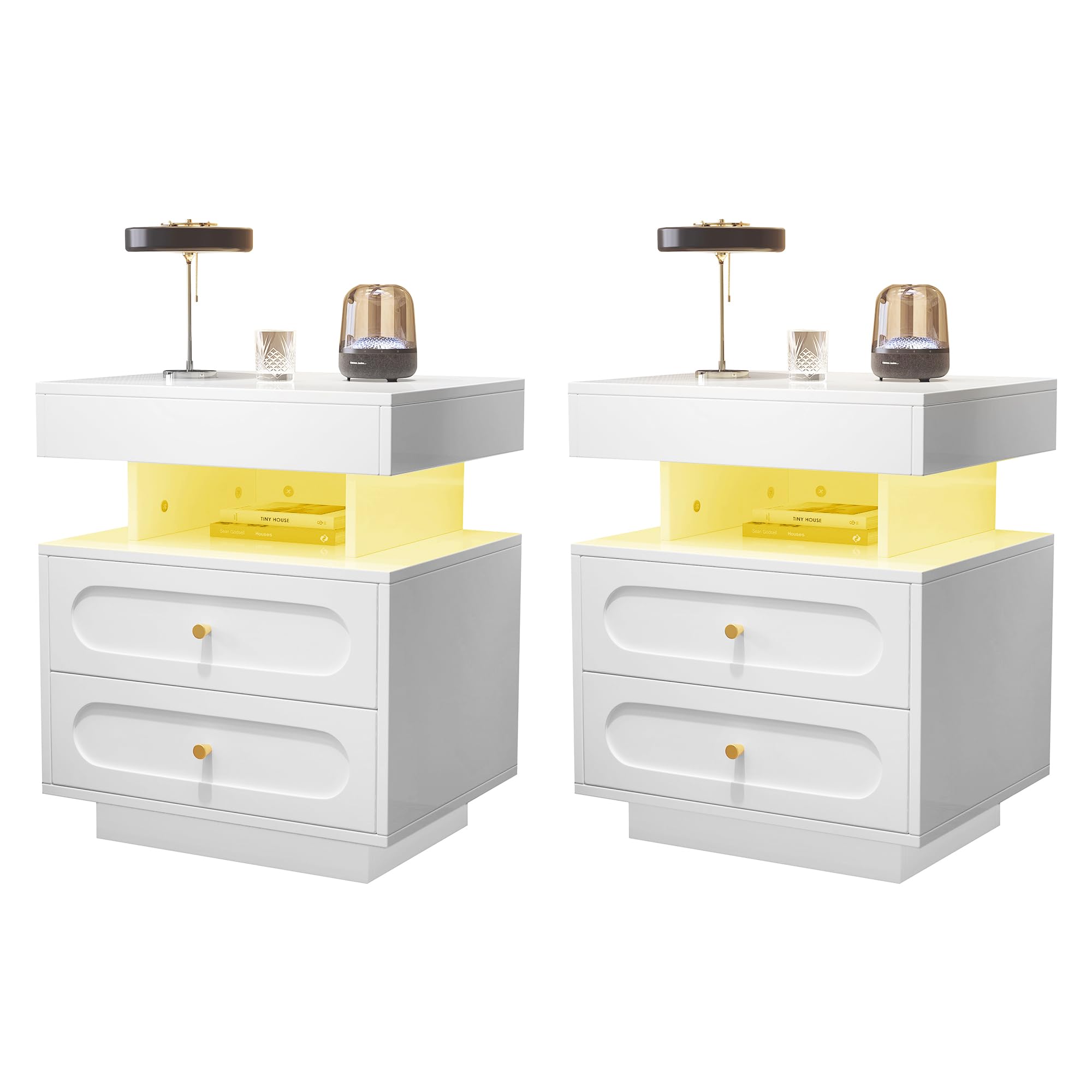 Mesita de noche con 2 cajones, 1 armario abierto, color blanco, 100 x 40 x 60 cm