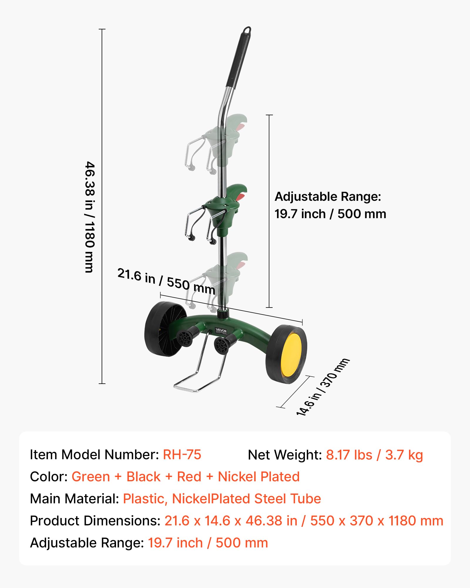 VEVOR Carrito de Transporte para macetas con Asa de Agarre Ajustable Capacidad Máxima de 65 kg Transportador de Macetas 550 x 370 x 1180 mm con Ventosa y Cierre de Seguridad para Interior, Exterior