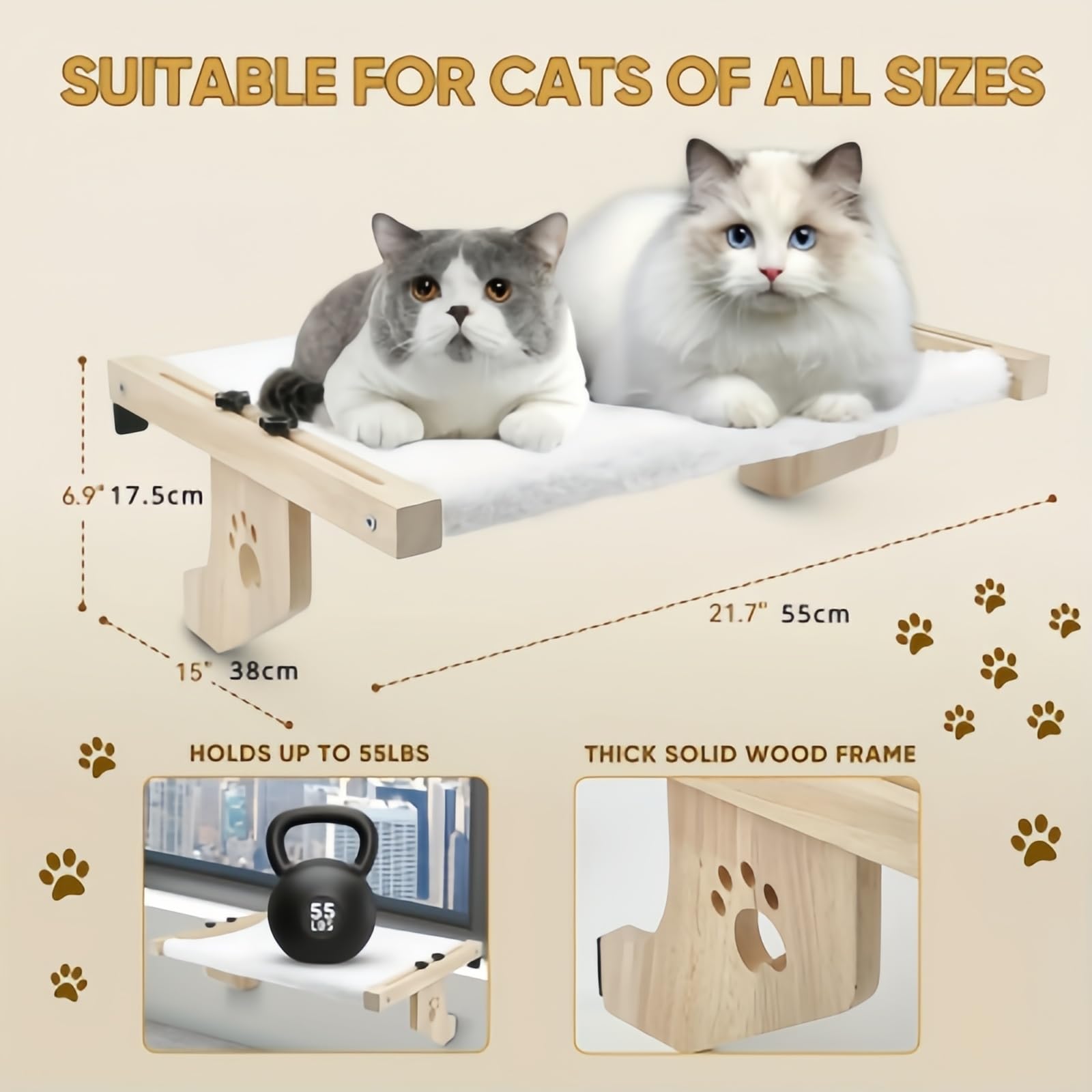 Perchoir réglable pour fenêtre de chat, hamac en polaire douce avec support mural/plafond sécurisé, motif empreintes de pattes pour la relaxation des chats d'intérieur (B-B)