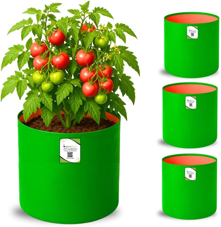 ORGANIC BAZAR 12x12 Grow Bags for Terrace Gardening, Premium HDPE Green-Orange Planters for Vegetables Plants (Pack of 4)