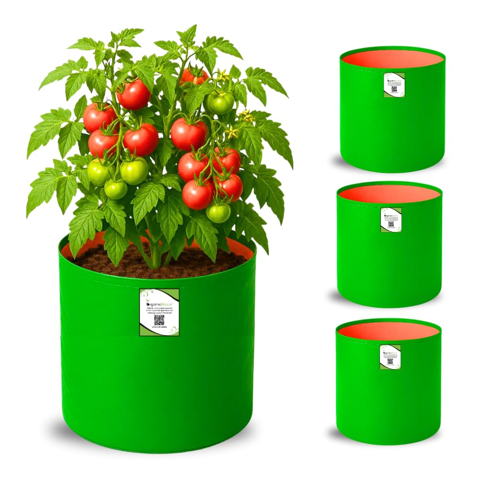 ORGANIC BAZAR 12x12 Grow Bags for Terrace Gardening, Premium HDPE Green-Orange Planters for Vegetables Plants (Pack of 4)