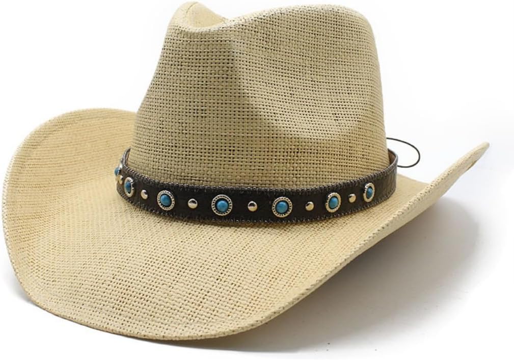 Western Cowboy Hat with Turquoise Studded Band, Natural Straw, Wide Brim