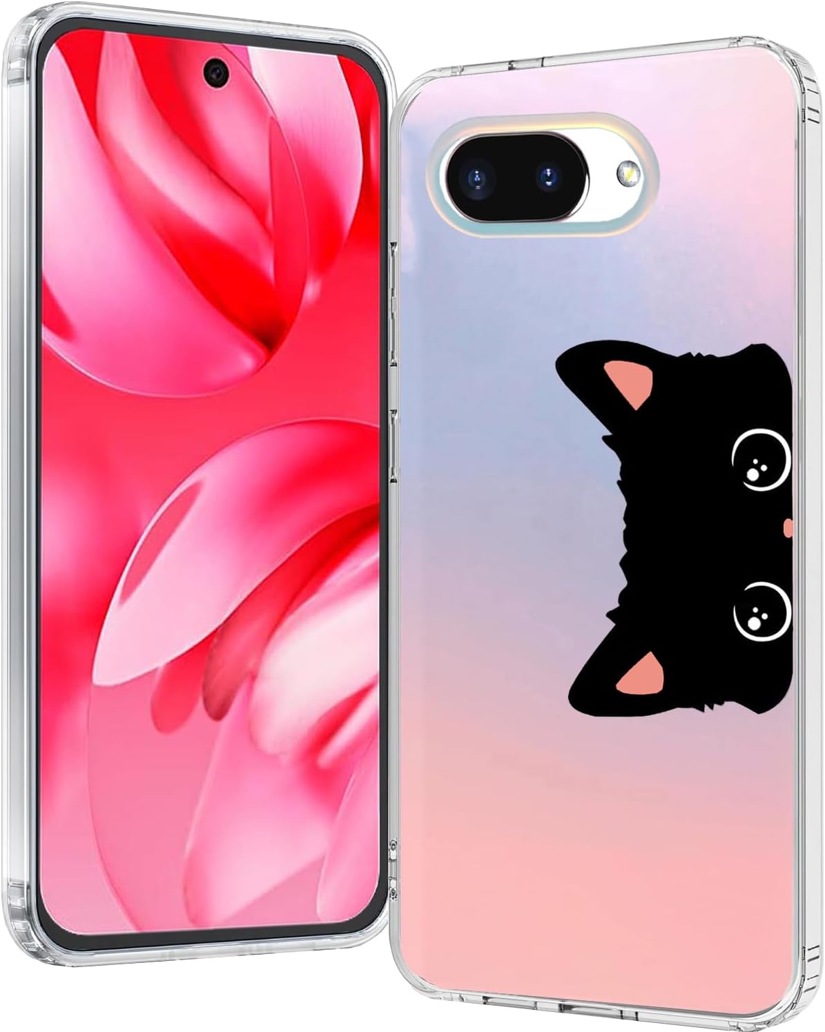 for Google Pixel 9a Case 2025, Slim Clear Matte Cute Flowers Floral Design for Girls Women Rugged TPU Bumper Shockproof Silicone Cell Phone Cover (Cat Ear)