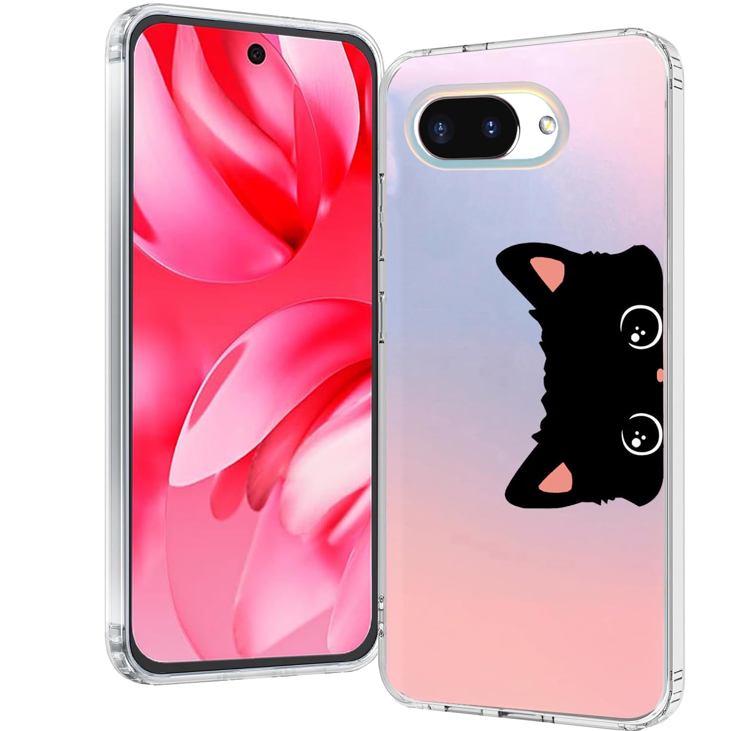 for Google Pixel 9a Case 2025, Slim Clear Matte Cute Flowers Floral Design for Girls Women Rugged TPU Bumper Shockproof Silicone Cell Phone Cover (Cat Ear)