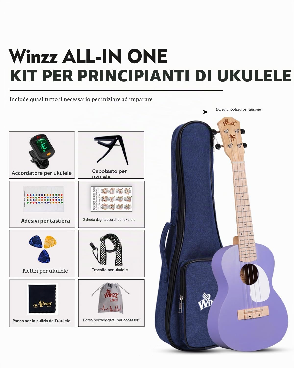 Winzz Ukulele soprano per bambini per adulti e bambini, 53 cm, colore viola