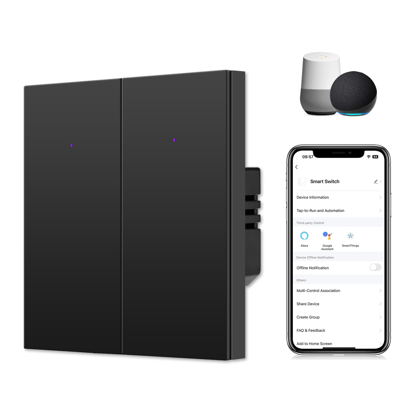 CNBINGO Interruptor de luz inteligente empotrado en negro – Interruptor de pared WiFi doble funciona con Alexa, Google Assistant – Interruptor WiFi con LED de estado – Control múltiple, temporizador,