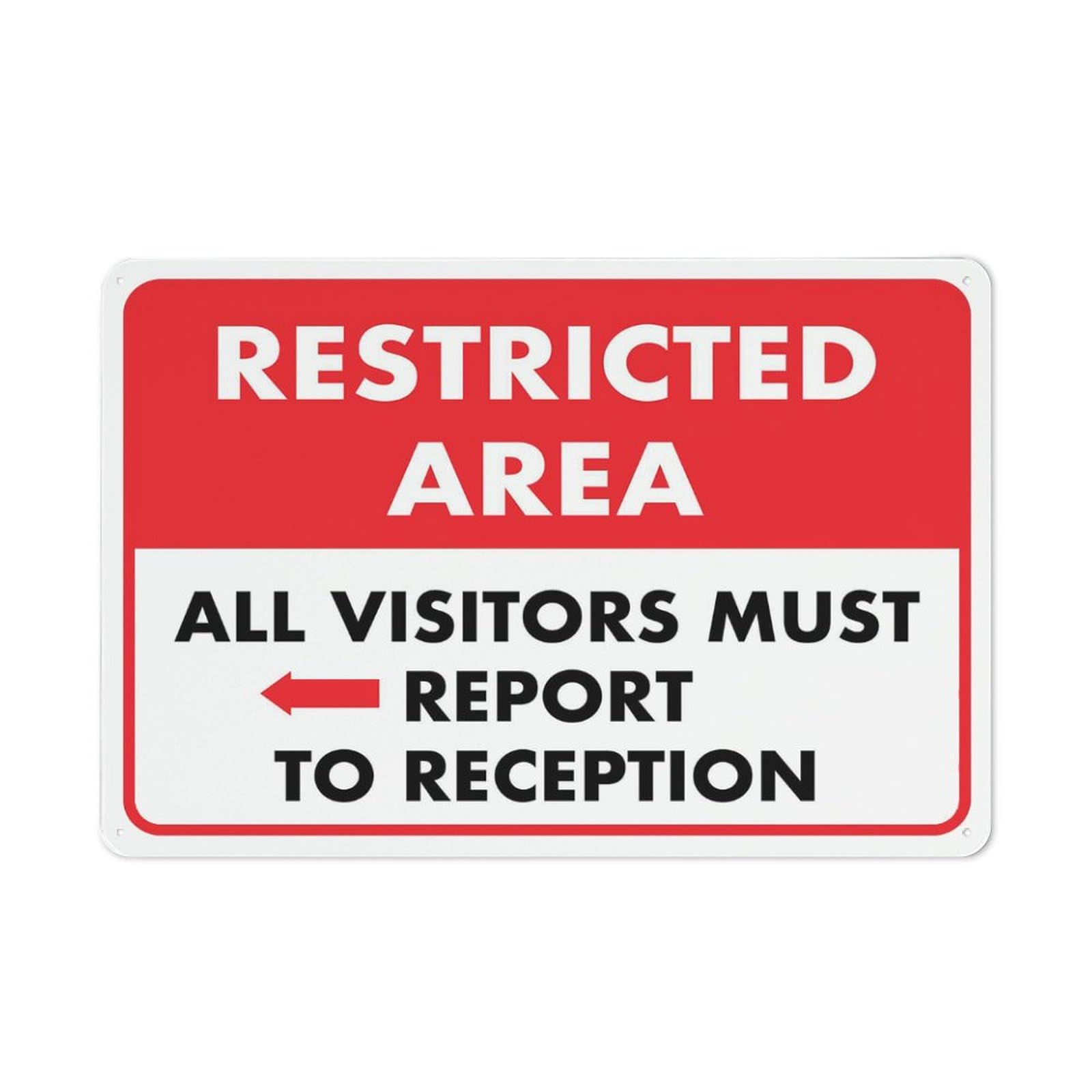 Restricted Area All Visitors Must Report To Reception (Left Arrow) Sign 12"x8" Rustproof Aluminum, Multicolor