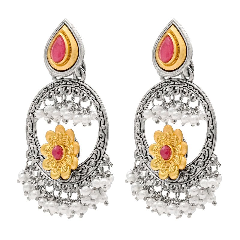 Shining Jewel Traditional Indian Matte Gold Antique Oxidised Silver CZ, Crystal Studded Chandbali Earring For Women - Turquoise (SJE_211_AQ) - Image 4