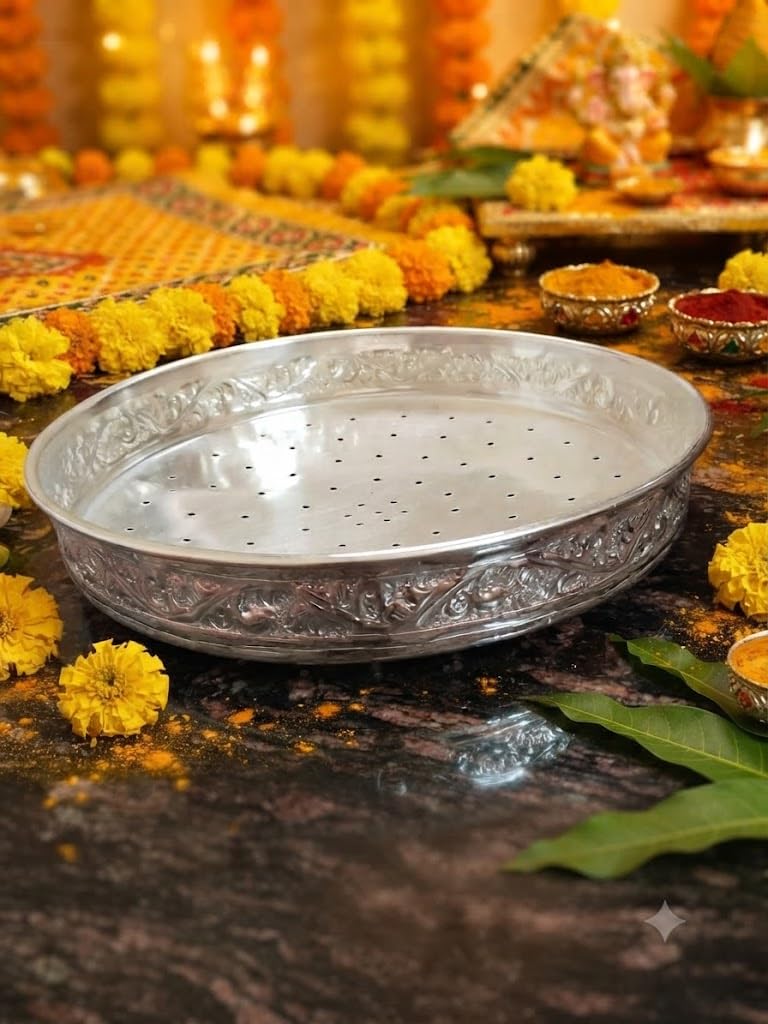 German Silver Heavy Embossed Serving Bowl/Tray | Traditional Royal Cutwork Design Centerpiece Platter for Dining Table, Puja Essentials & Return Gifts 14x 25x 30m x 480GRMS-image-27