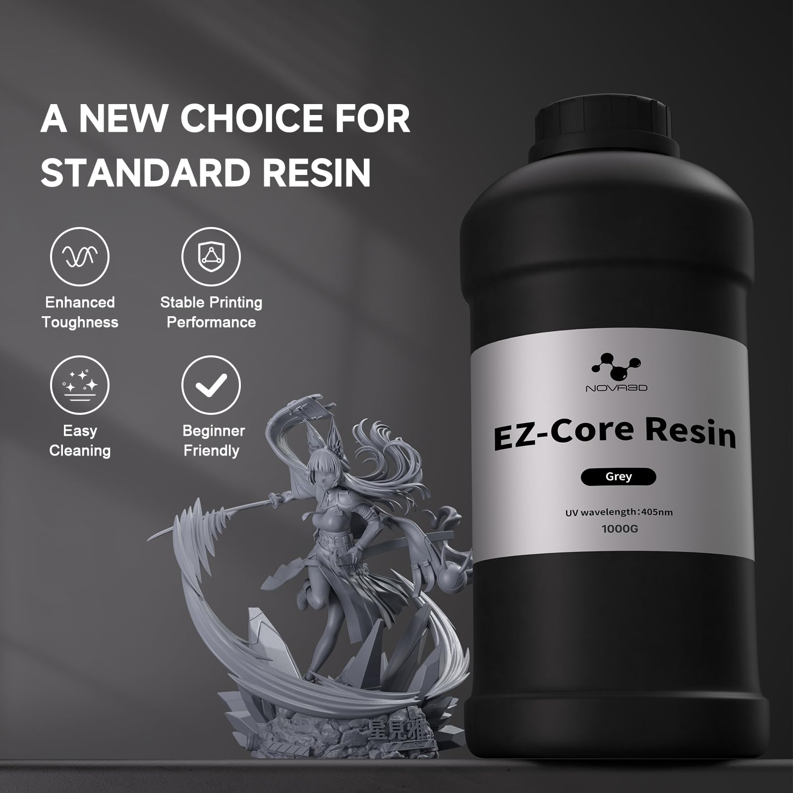 NOVA3D Resina EZ-Core, resina de fotopolímero para impresora 3D, 405 nm, LCD, resina de curado UV, alta dureza, fácil impresión, bajo olor, para figura en miniatura, modelo gris, 1000 g