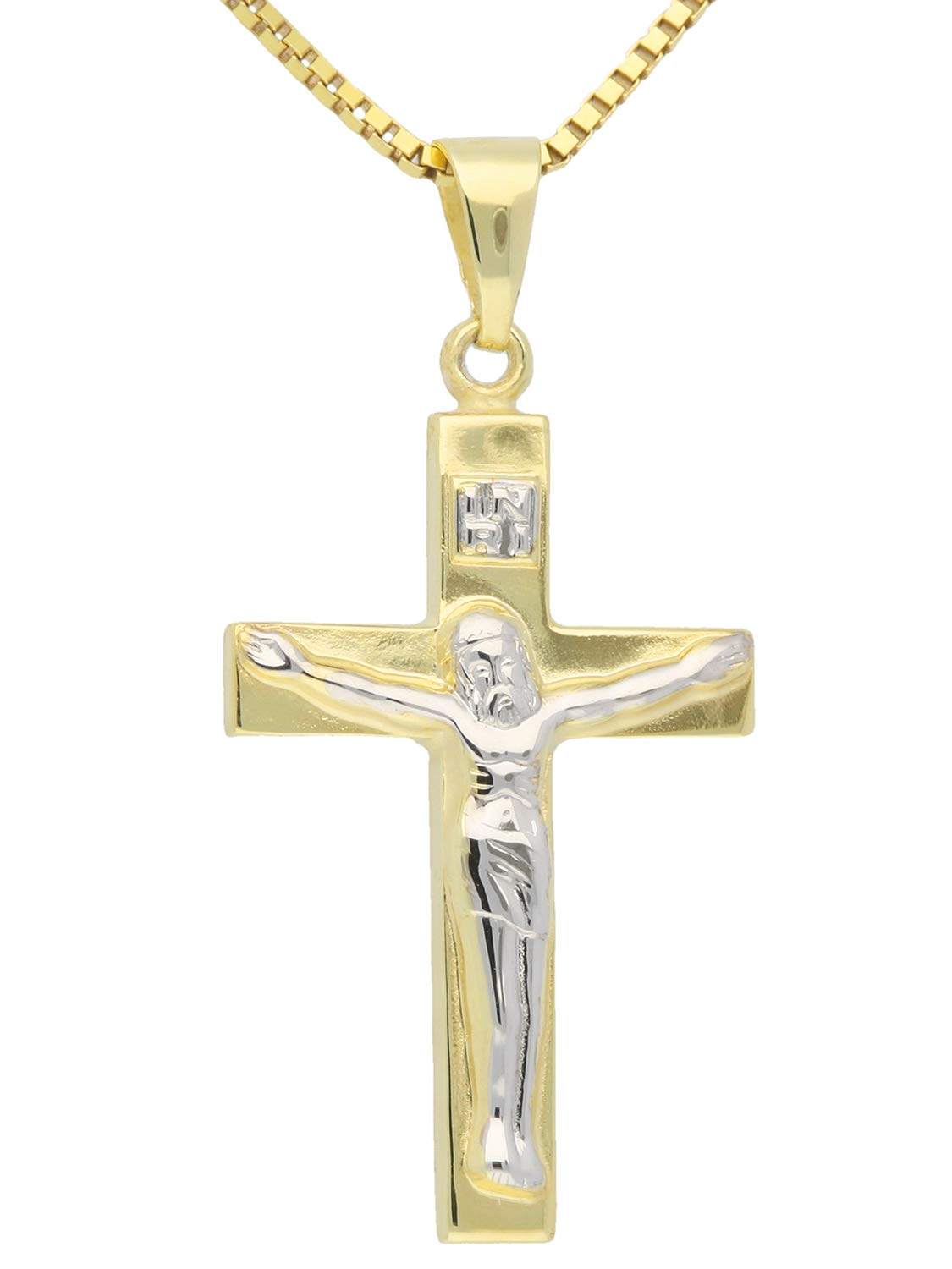 My Gold Damski dziecięcy krzyż wisiorek złoty (bez łańcuszka) prawdziwe żółte złoto białe złoto 375 (9 karatów) dwukolorowy korpus Jezusa Inri MOD-03982, Mittelgroß, Żółte złoto Białe złoto, Bez