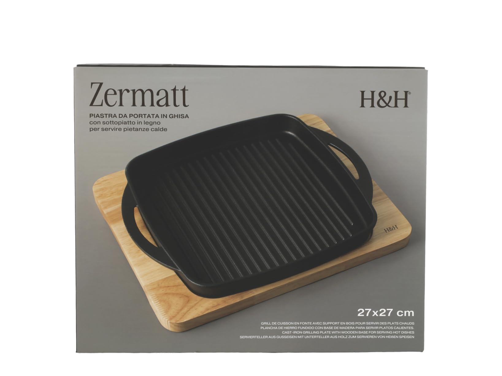 H&H Piastra da Portata in Ghisa Rigata 27 cm con Sottopiatto in Legno Chiaro, Riscaldabile in Forno, Compatibile con Induzione, Vetroceramica e Tutti i Piani Cottura