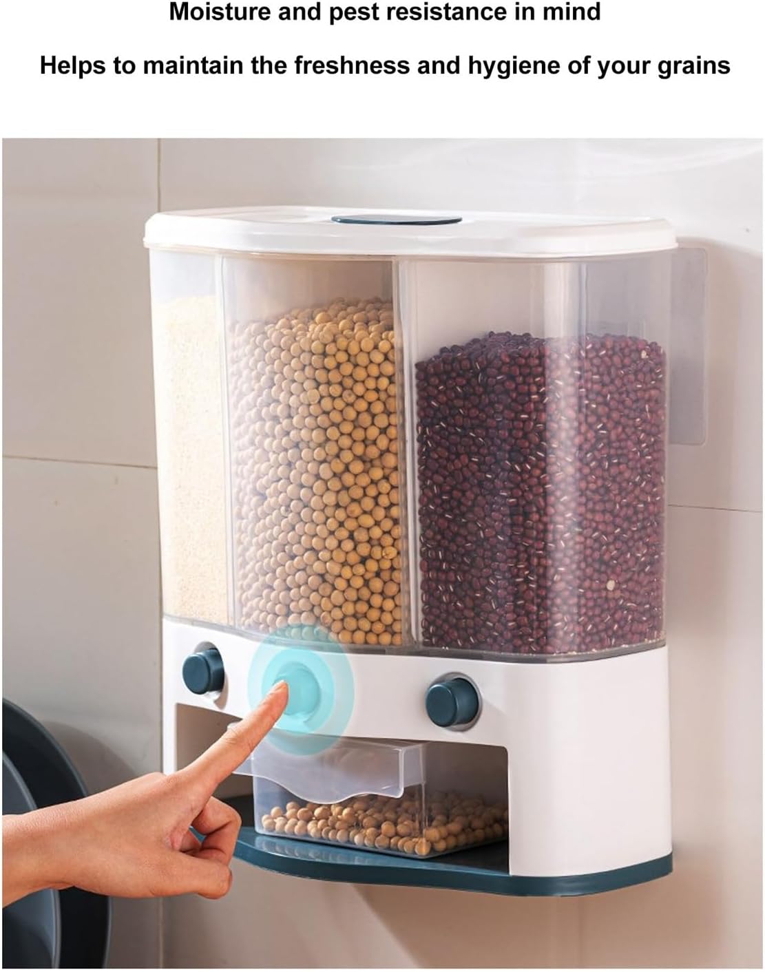 3 Grid Cereal Dispenser, 13Lbs Wall Mounted Airtight Food Dispenser Bucket, Grain Storage Container for Corn, Coffee Bean, Grain, Soybean