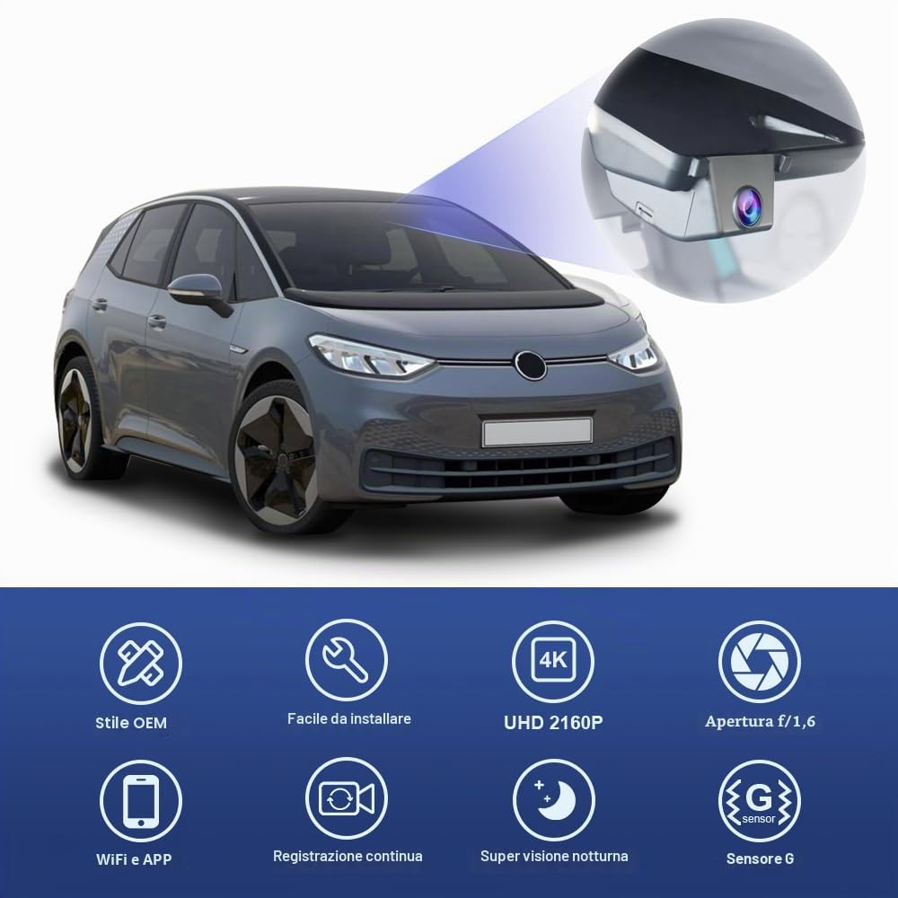 FITCAMX Dash Cam Compatibile con VW ID.3 2020-2026/Cupra Born, 4K Volkswagen registratore per auto in stile OEM integrato WiFi, video UHD 2160P, visione notturna, G-Sensor, con scheda da 64 GB