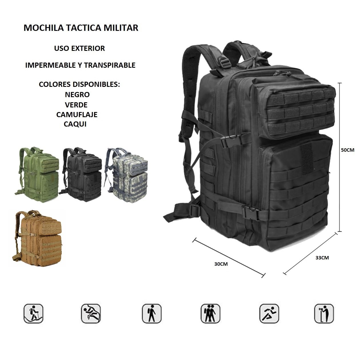 Mochila Táctica 45L Militar - Impermeable, Gran Capacidad, Deportiva - Para Crossfit, Gimnasio, Supervivencia, Senderismo, Montaña, Caza, Viajes, Trekking (Verde)