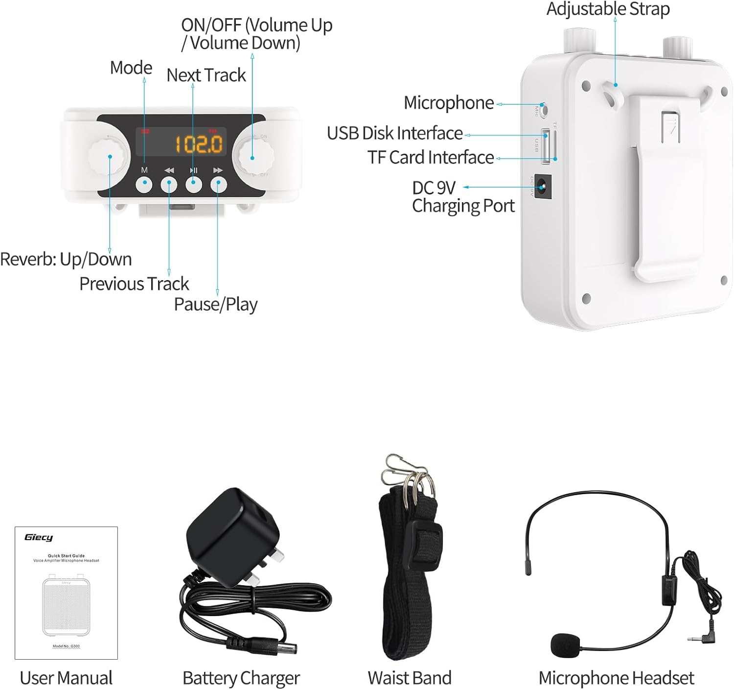 30W Portable Voice Amplifier with Wired Microphone Headset, 2800mAh Rechargeable PA System Speaker Personal Microphone Speech Power Amplifiers Loudspeaker for Teachers/Metting/Tour Guide - Image 9