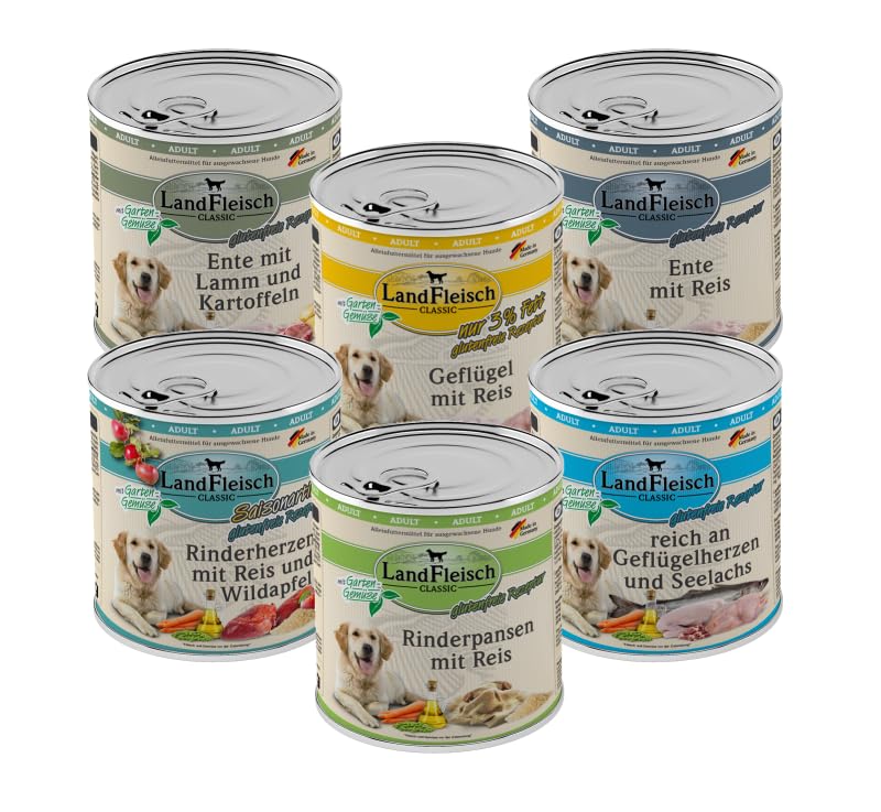 Landfleisch Classic Hundefutter 6 x 800g | Mixpaket mit garantiert 6 Sorten | Nassfutter für Hunde mit extra viel Fleisch und Gemüse + Alpha Spirit Snack gratis