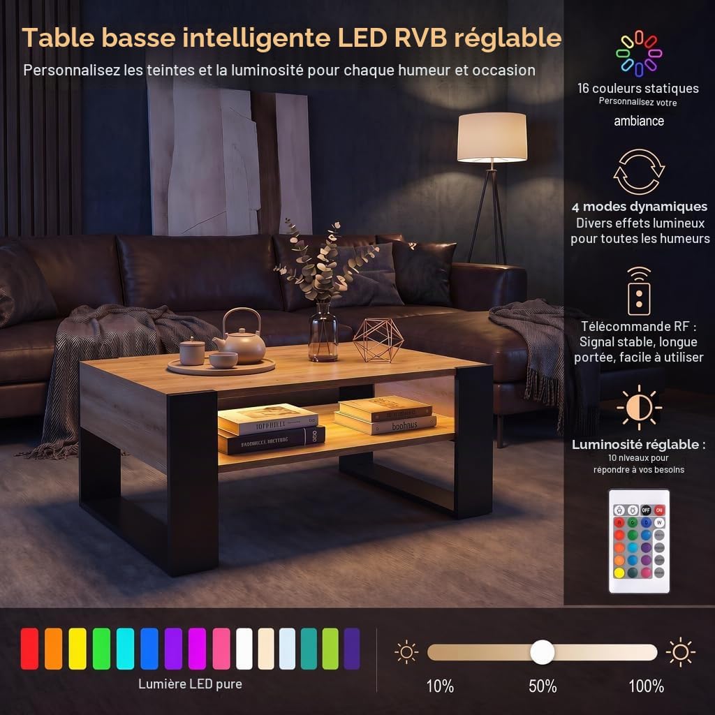 Table Basse avec LED et Rangement, 92 x 47 x 45 cm, Table de Salon Bois, Table de Canapé Moderne avec Pieds en U, Rectangle, Bois et Noir