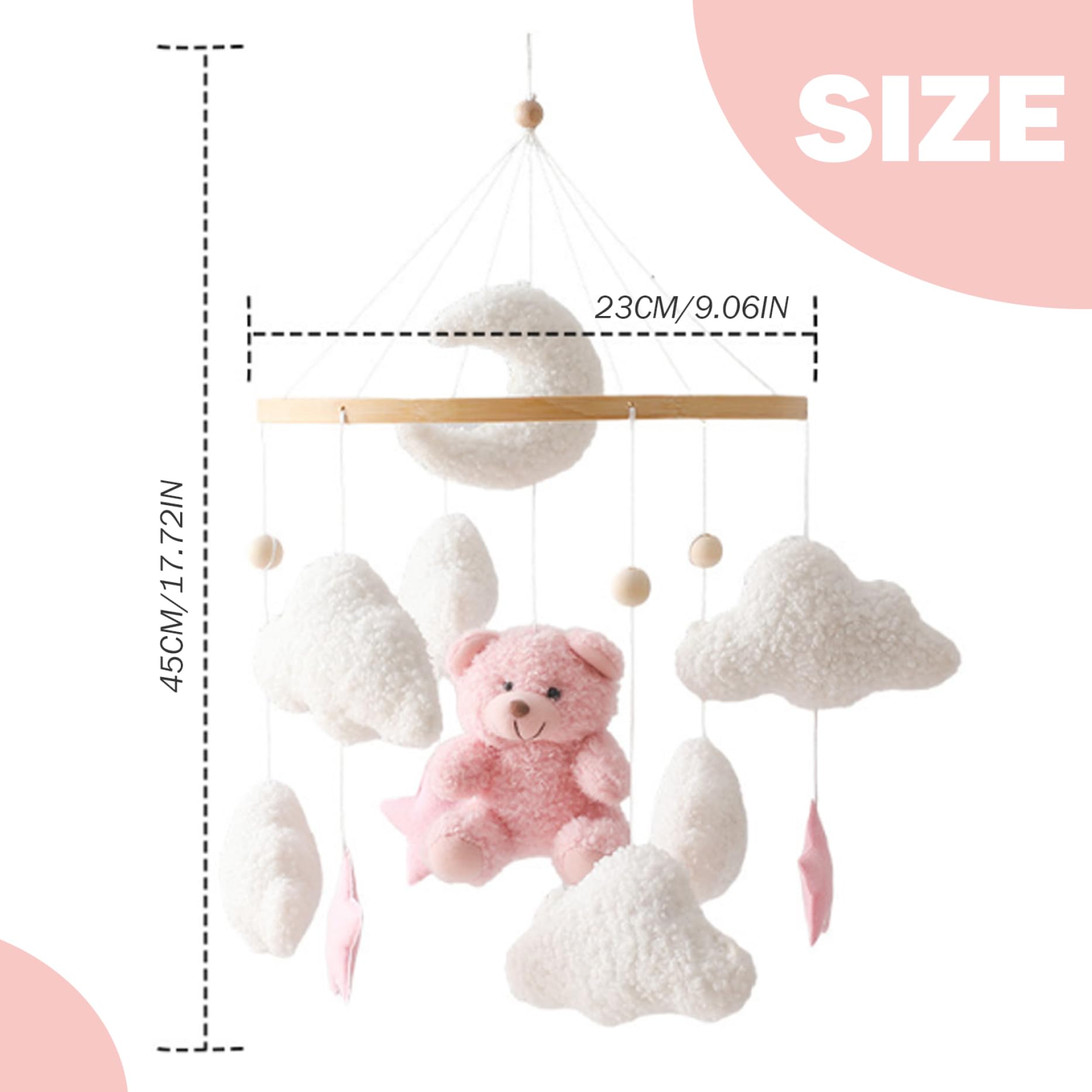 Mobile de berceau, mobile de bébé 17, 7 x 9 pouces pour berceau, décor chambre d'enfant en velours en peluche ours mignon, bébé suspendu rotatif à 360 ° pour chambre d'enfant pour