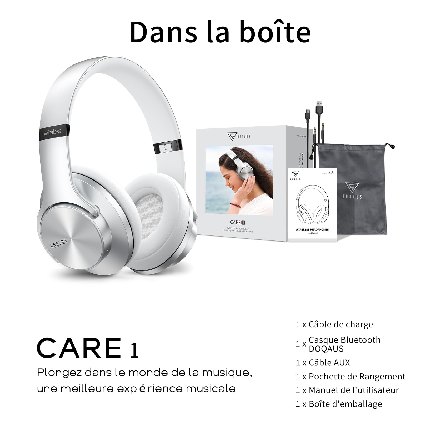 DOQAUS Casque Bluetooth sans fil avec Application,Argenté