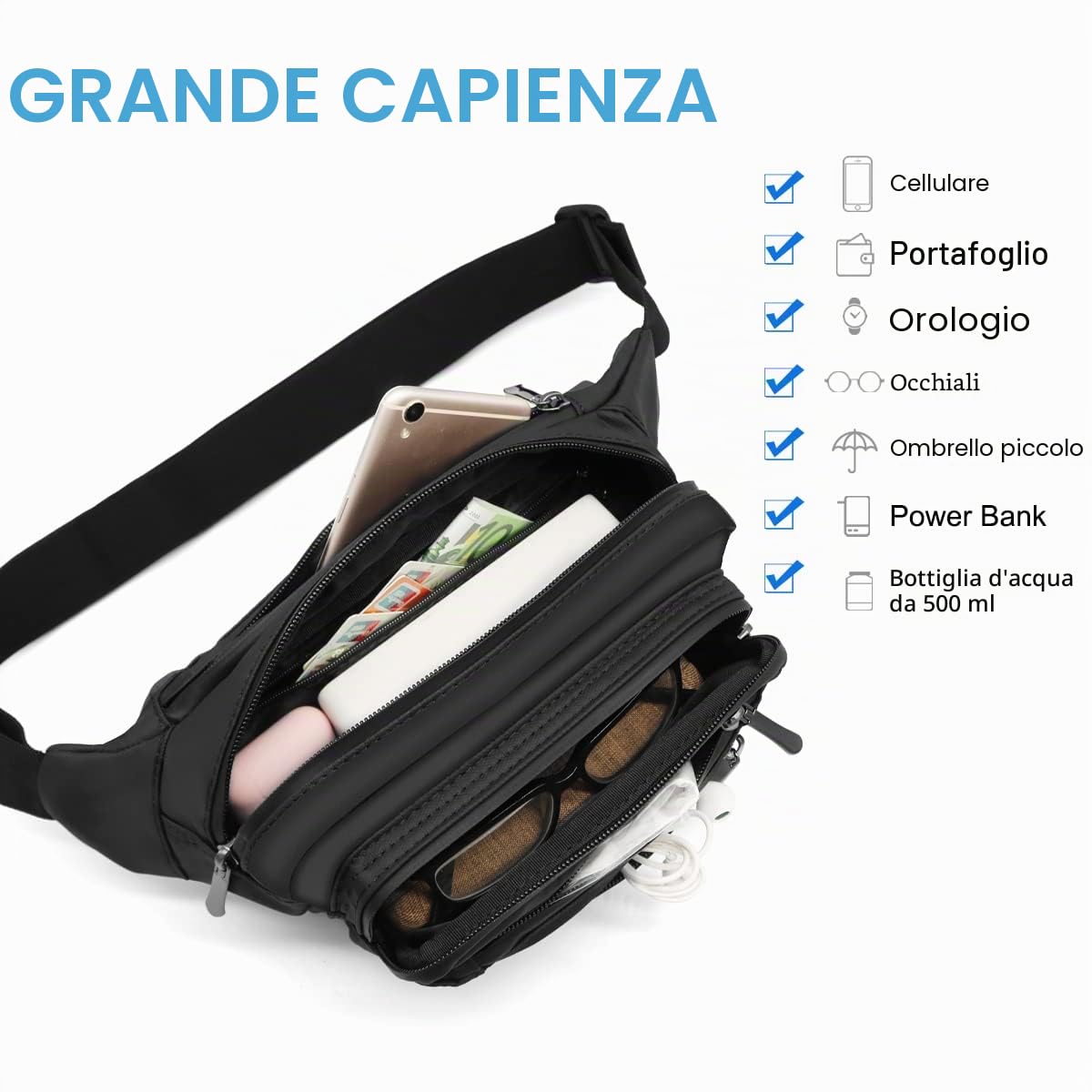 HNOOM Marsupio Impermeabile Uomo Donna Sportivo Lavoro Grande Trekking con Cintura Regolabile 5 Tasche (Nero)