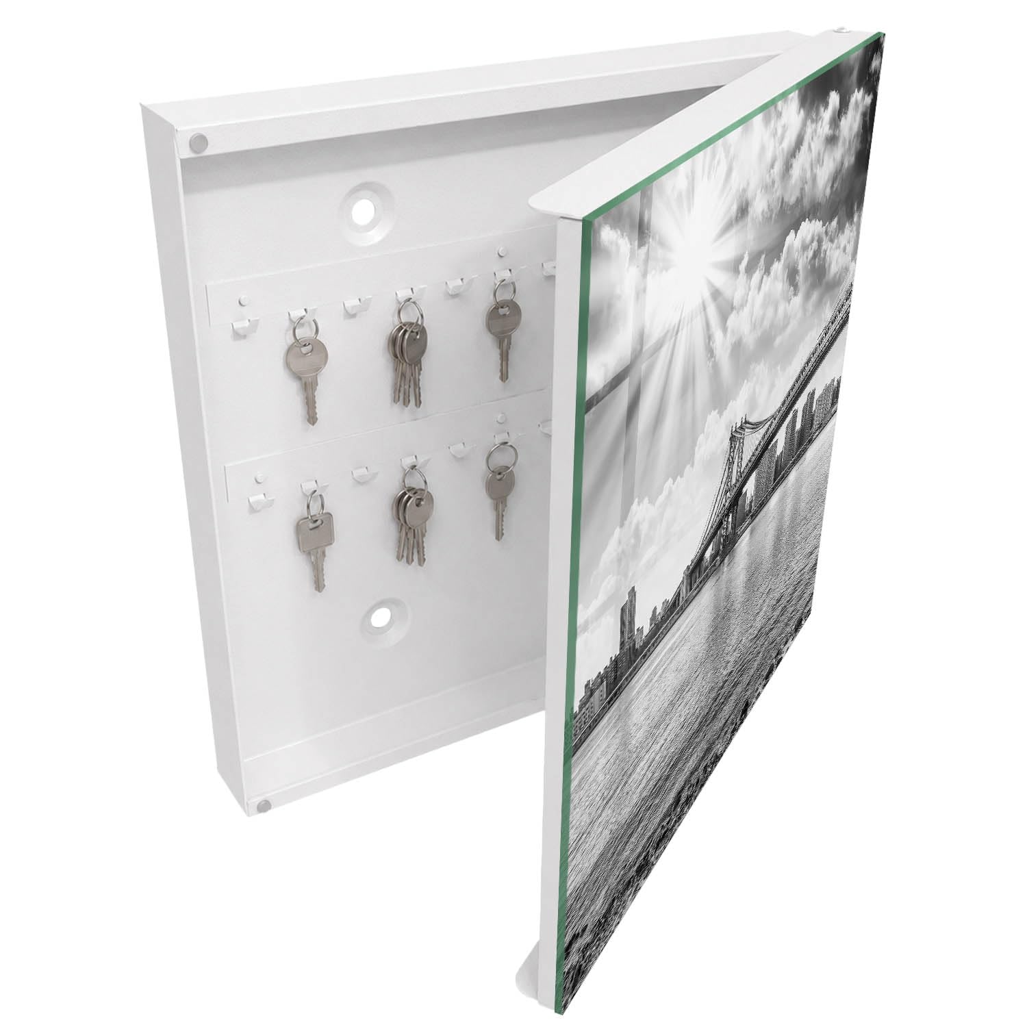 Armadietto Portachiavi 30x30 cm | Bianco | A Destra | Montaggio a Parete | La città e il ponte | in Metallo | Frontale Decorativo in Vetro Temperato | per Uffici | Tasselli e Viti Inclusi