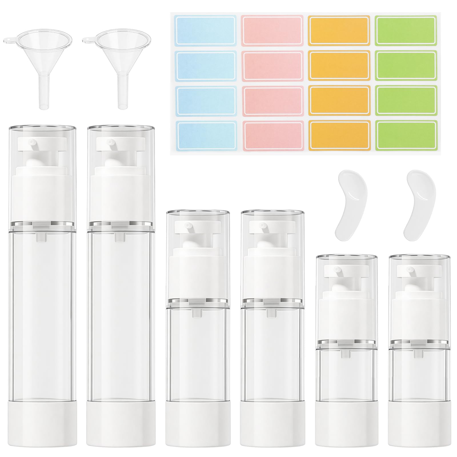 6Pcs Airless Contenitore Crema Pump,Flaconi a Pompa Airless, flaconi da viaggio sottovuoto da 15 ml/30 ml/50 ml, con adesivo, spatola e piccolo imbuto