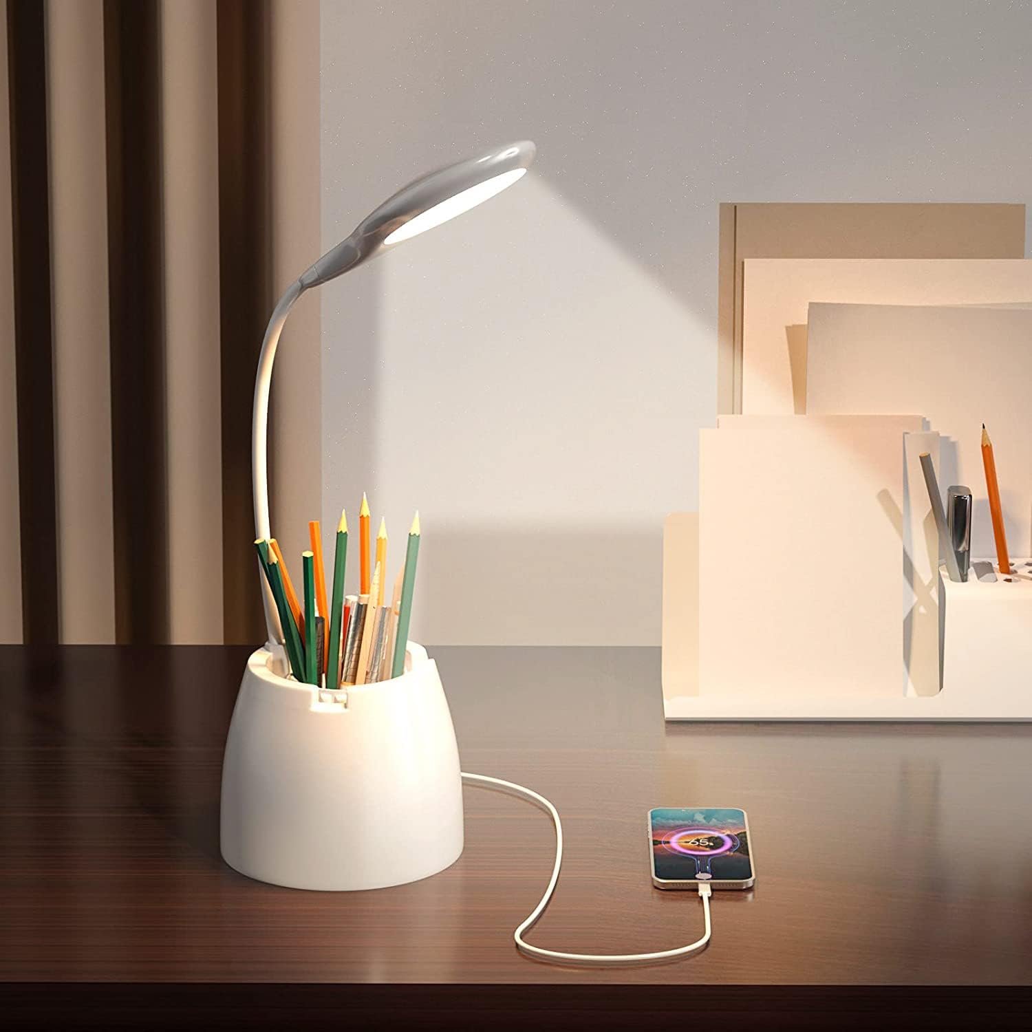 Lampe De Bureau LED à Variateur Tactile à 3 Niveaux De Luminosité, Lampe De Bureau Avec Col De Cygne Flexible, Lampe De Jour, Lampe De Chevet Pour Lire, Travailler, Apprendre Blanc