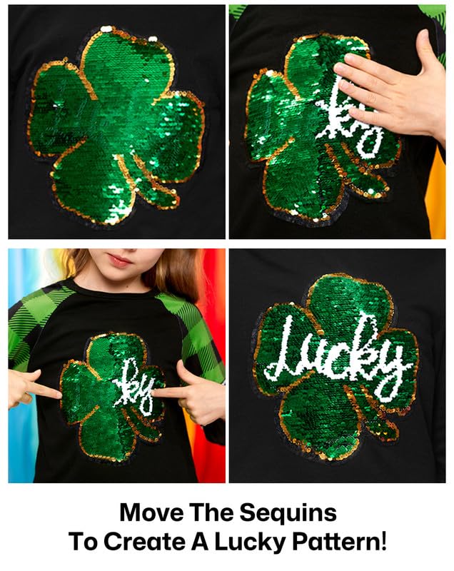 Image of BesserBay Girls St Patrick's Day Raglan Shirt Irish Sequin Lucky Stripe Shamrock Graphic Top 4-14 Years